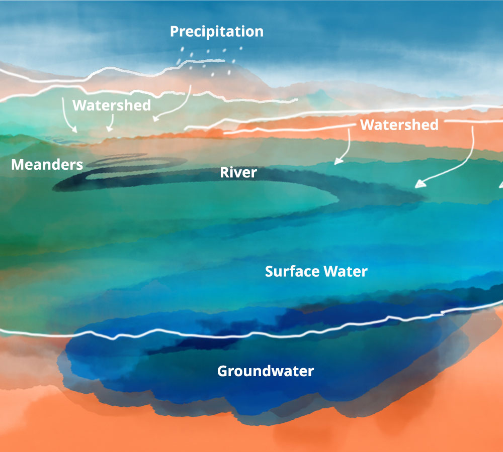 Illustration of the water cycle showing precipitation, watersheds, rivers and groundwater.