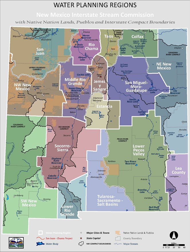 Map showing the water planning regions of New Mexico. For assistance determining your water planning region reach out via the information on the contact page at mainstreaming.org/contact